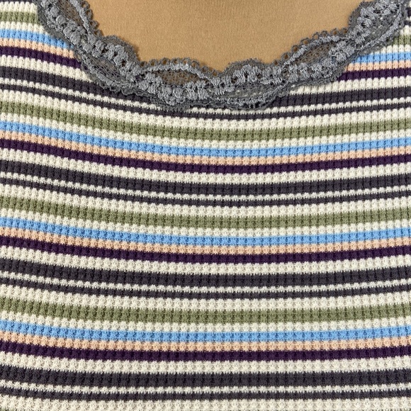 Ivy+Main Cropped Multi Striped Thermal Knit Long Sleeves Lace Neck Shirt Size S - Picture 8 of 10